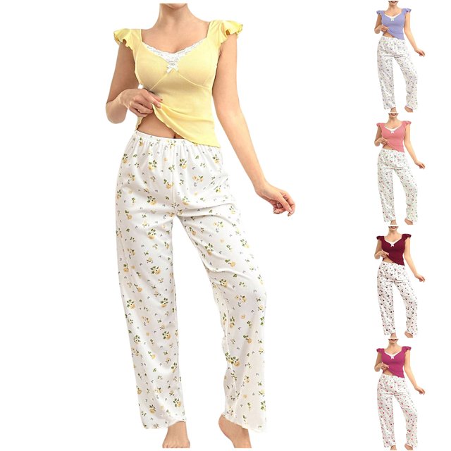 Sentmoon Ensembles de Pyjama 2 Pcs pour Femmes Ensemble de Vêtements de Nuit pour Femmes Sans Manches Décontracté Extensible Bretelles Spaghetti avec Imprimé Robe de Nuit Été Décontracté pour Vacances m