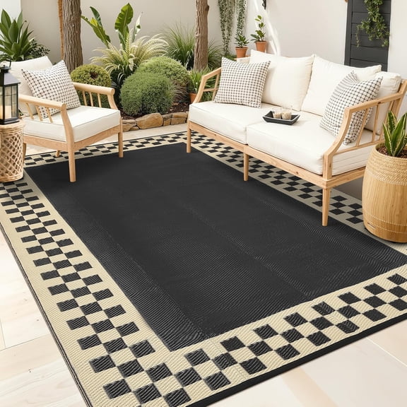 Waterproof Plastic Straw Outdoor Rug 9x12 Checkered Patio Outdoor Reversible Mats UV Resistant Foldable Indoor Outdoor Throw Carpets for Deck, Picnic, Porch, Camper, Balcony, Beach, Black