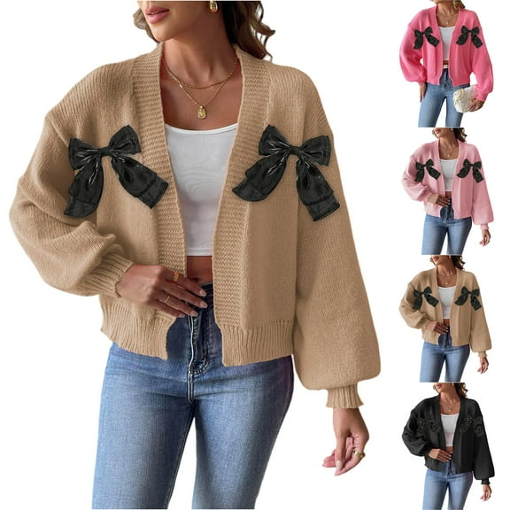 Women's Fashion Ribbon Bow Splicing Sweater Jacket for Fall and Winter, Elegant Design, Winter Clothes for Women,Black,L