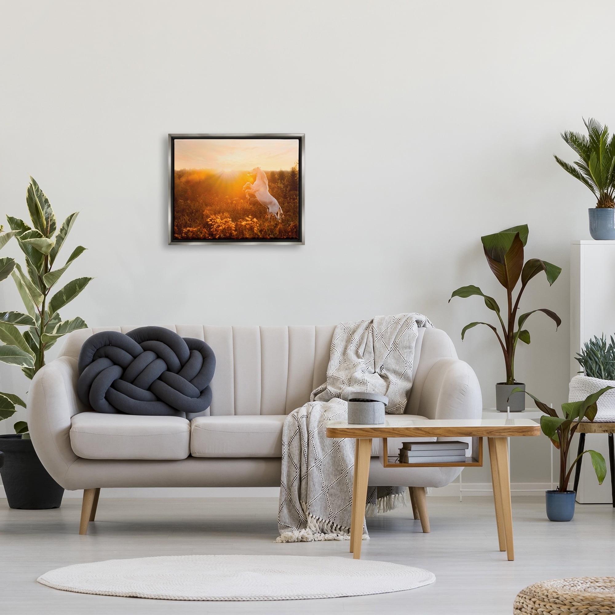 Stupell Industries Standing Horse in Rising Sun Landscape Photography Gray Floater Framed Canvas Art Print Wall Art, 21 x 17