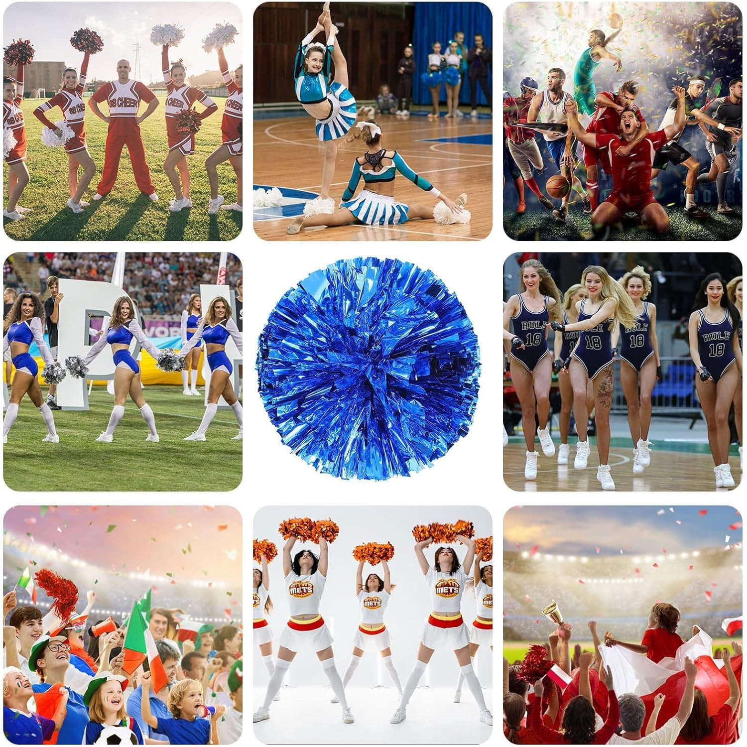 Zhangyh Pom Poms Cheerleading,Fluffy Cheerleader Pompoms with Finger Ring Handle,Metallic Pom Poms Cheerleading for Celebration (Blue, 4 Pack)