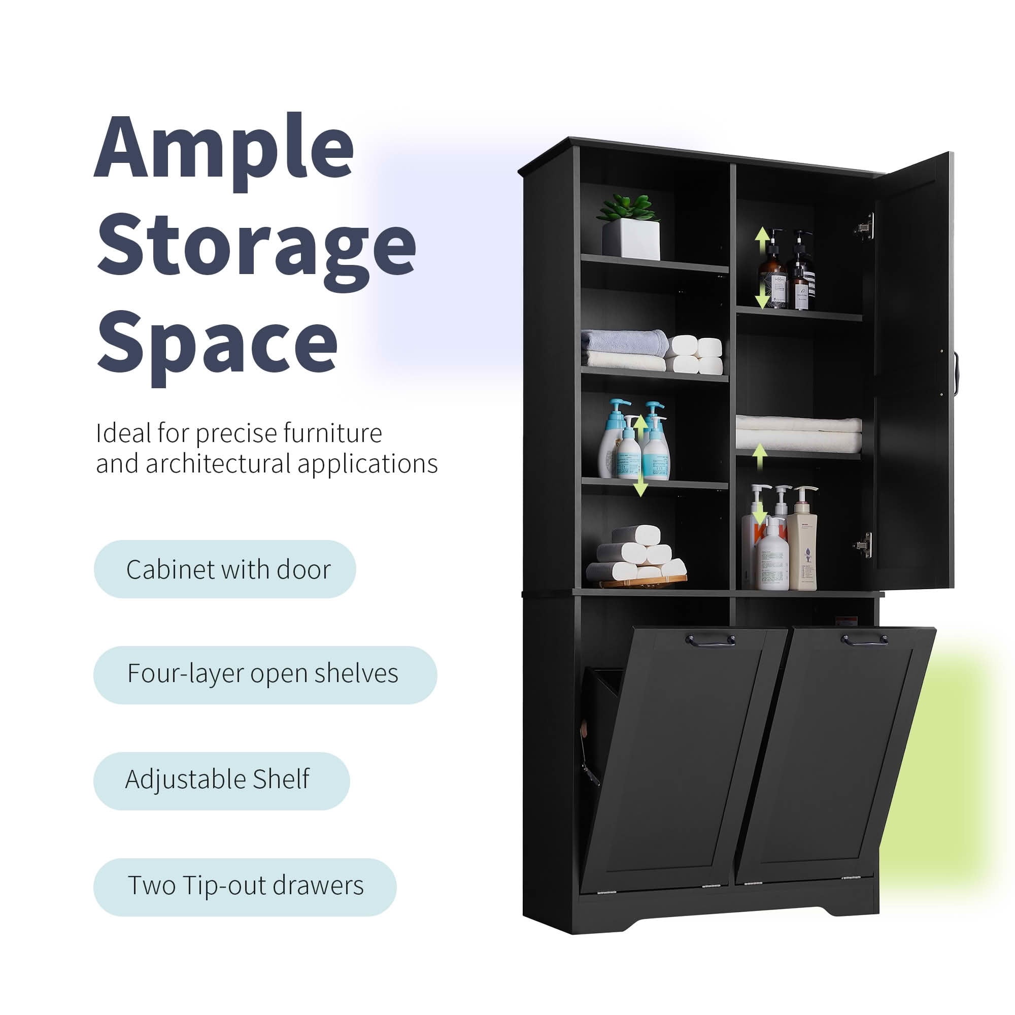 MAYEERTY Bathroom Storage Cabinet with Doors Drawers, Tilt-Out Laundry Hamper Open Adjustable Shelf, Freestanding Multi-Storage, Black