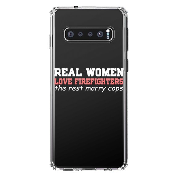 DistinctInk Clear Shockproof Hybrid Case for Samsung Galaxy S10  PLUS (6.4" Screen) - TPU Bumper Acrylic Back Tempered Glass Screen Protector - Real Women Love Firefighters Not Cops