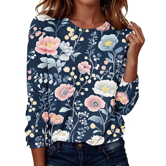 CHGBMOK Womens Plus Size Tops Long Sleeve Crew Neck Blouse Floral Print Lightweight Shirt Casual Loose Fit Trendy Daily Blouse