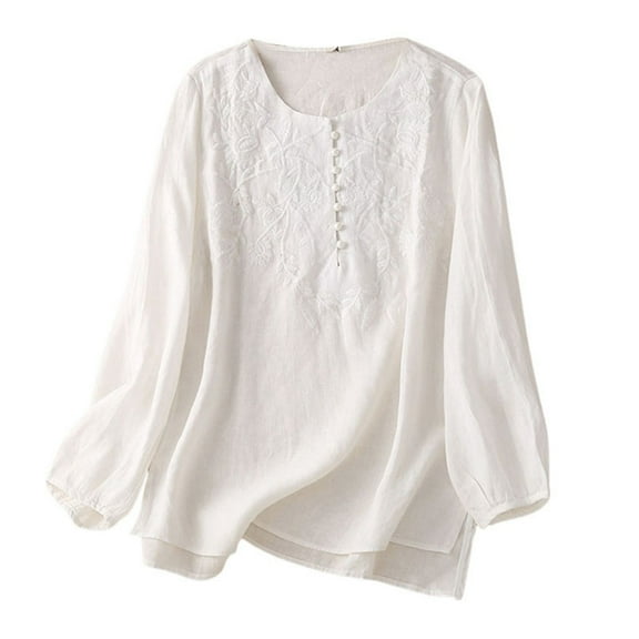 Women Blouses Rayon Shirt Women Tunics Boyfriend Button up Floral Top Long Sleeve Business Casual Band T Shirts for Fashion Ladies Tops Loose Tee Women's Long Sleeve Dress Blouse Womens White L