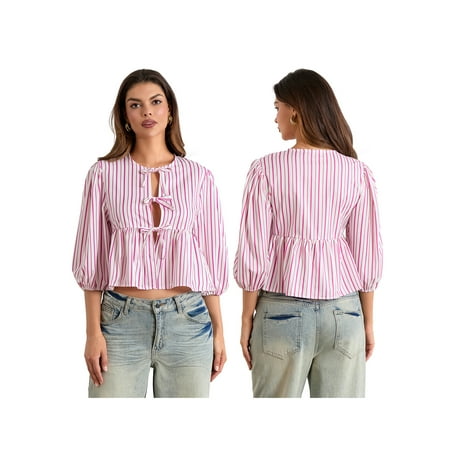 Biezeib Women s Striped Babydoll Tops Loose Fitting Round Neck Open Front Tie-Up Half Sleeve Ruffled Blouse for Summer