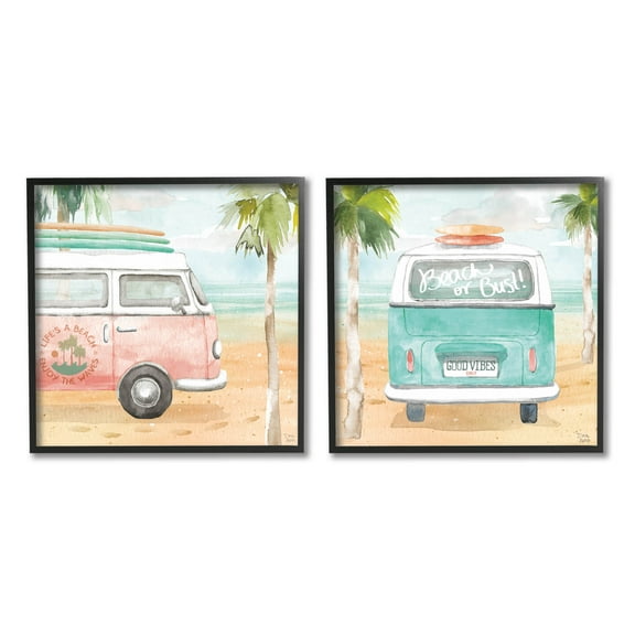 Stupell Industries Tropical Beach Vacation Van Painting Black Framed Art Print Wall Art, Set of 2, Design by Dina June