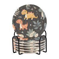 Yayeee 6 PCS Drink Coasters with Holder Set Woven Absorbent Round Tabletop Hot Pad, Orange Dinosaur