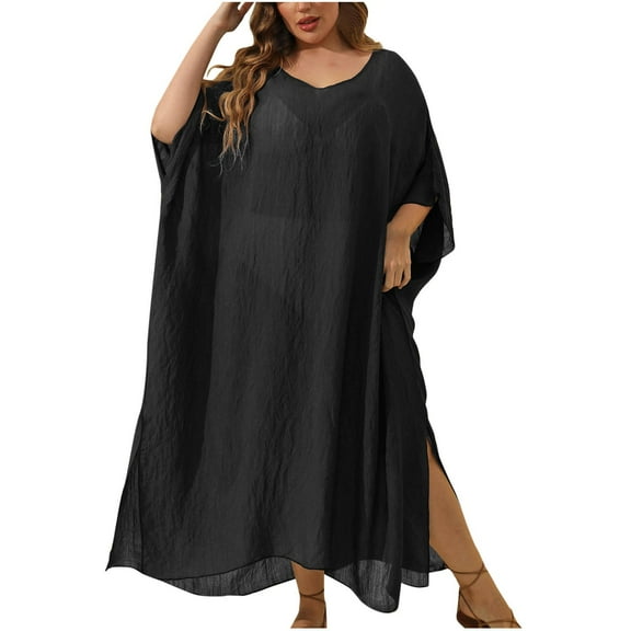 Loopsun Womens Swimsuits, Swimsuit Coverup for Women, Women's Fashion Casual Large Size Solid Loose Beach Holiday Slit Floor Long Dress Cover Ups Black Free Size