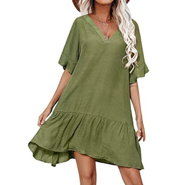 VISgogo Vestido tipo pareo para mujer, manga corta, cuello en V, liso, con volantes, suelto, informal, para playa, para verano VISgogo moda