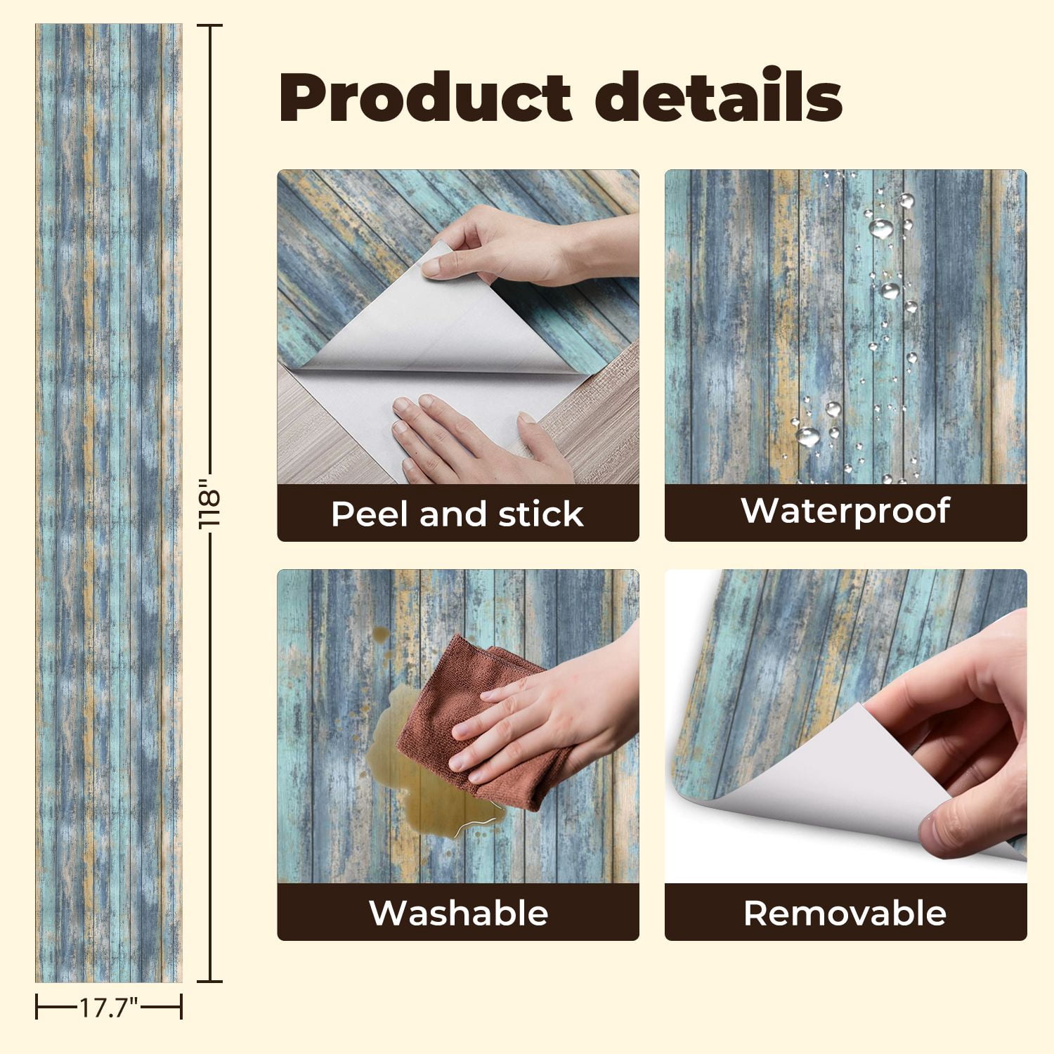 Vintage Peel and Stick Wallpaper Rustic Weathered Wood Plank Texture Blue Beige Tones Wall Mural 17.7in x 9.8ft Self Adhesive Removable Wall Paper Renter Friendly Wallpaper for Bedroom Cabinets