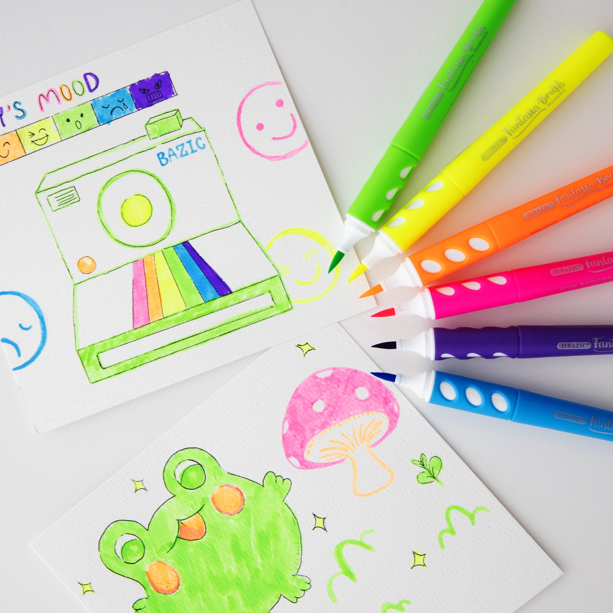 BAZIC Brush Markers 6 Neon Colors, Fine Line Washable Coloring Marker (6/Pack), 24-Packs