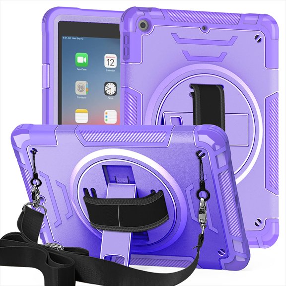 Shockproof Case for Apple iPad 6th 5th Generation, with Pencil Holder Military Grade Protection Rotating Stand Hand Strap Shoulder Strap Bumper Rugged Case for iPad 6th 5th Gen 9.7", Purple