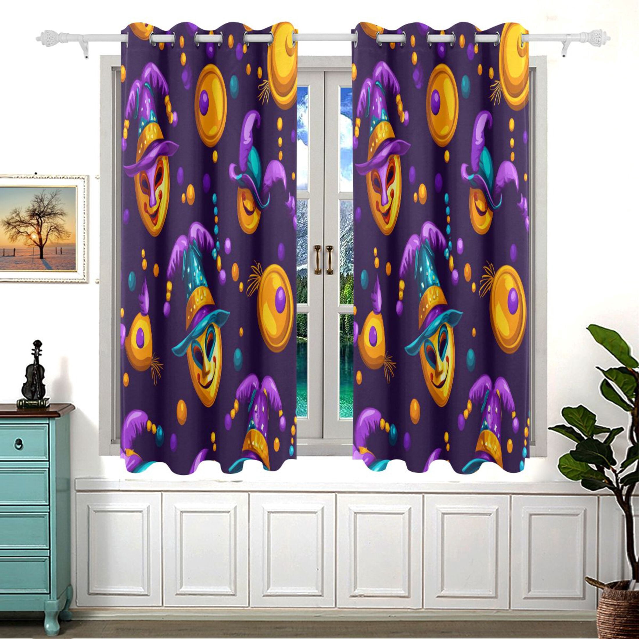 Colorful Mardi Gras Masks and Beads Blackout Curtains for Living Room Bedroom 55W x 54L Insulated Window Drapes 2 Panels