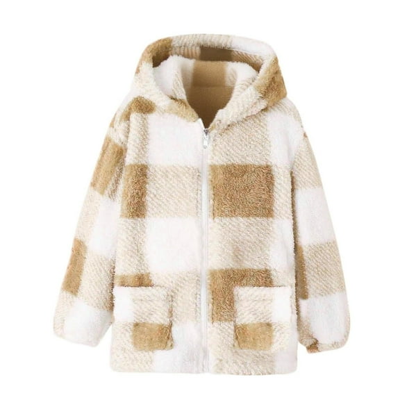 Ruyang Girls Fleece Jacket Cute Plaid Zip Up Cat Hooded Coat Fall Winter Warm Fuzzy Sweaters Pockets Soft Furry Sweaters