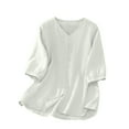 thumbnail image 2 of HongQid Womens 3/4 Sleeve Button Down Cotton Linen Shirt Blouse Loose Fit Casual Summer V-Neck Tops, 2 of 6