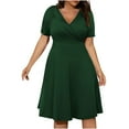 thumbnail image 2 of Juesizh Womens Plus Size Dresses V Neck Short Sleeve Holiday Midi Dress Fashion Casual Solid Color Waist Defining Designed Summer Dress, S-5XL, 2 of 4
