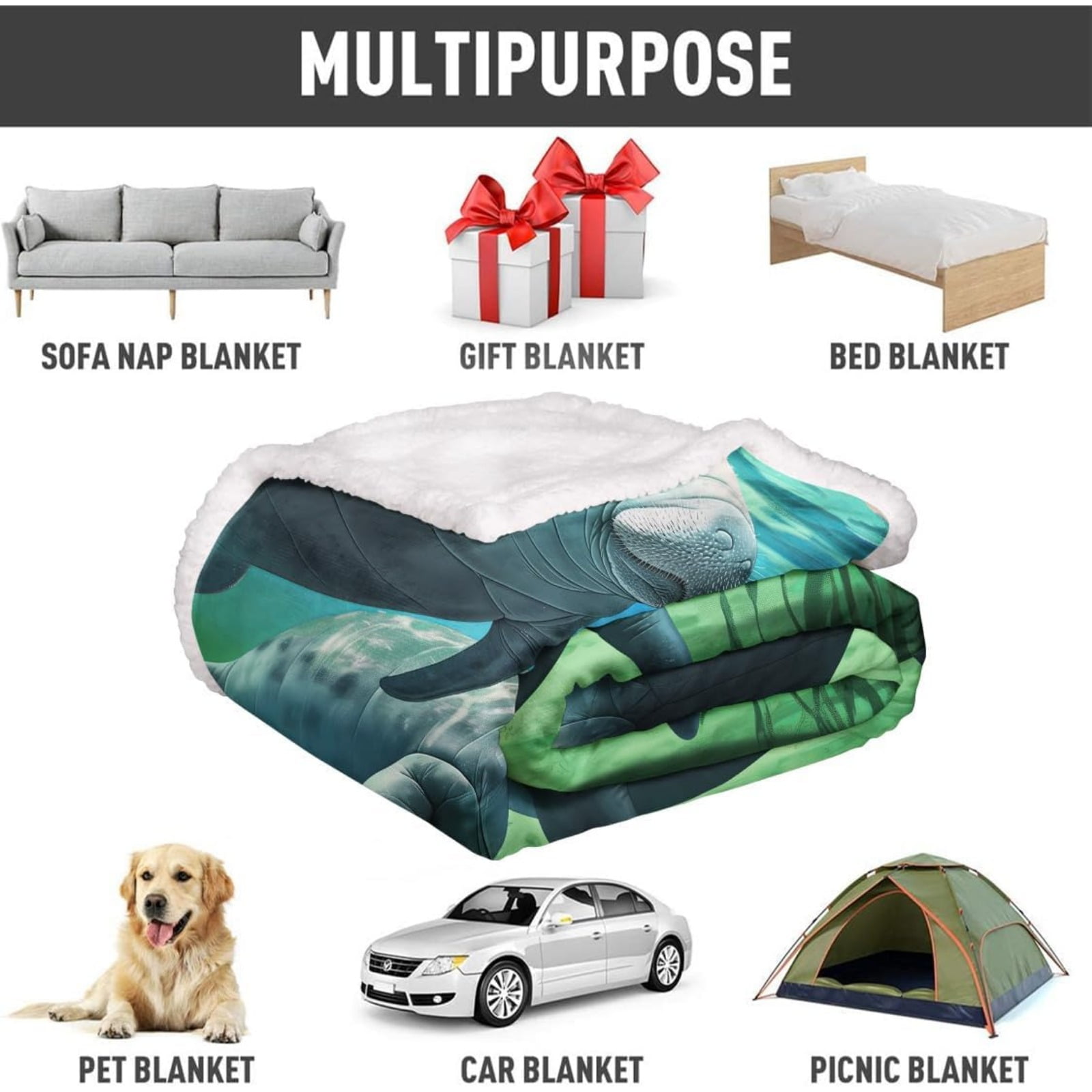 50" x 60"Animal Print Fleece Throw Blankets for Couch Sofa Bed, Manatee Family Sherpa Blanket, Super Soft Warm and Lightweight