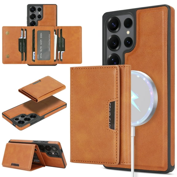 Designed for Samsung Galaxy S23 Wallet Case,2-in-1 Magnetic Detachable Card Holder,Compatible with Mag-safe,With Kickstand,PU Leather Anti-Scratch Shockproof Rugged Phone Case,Brown