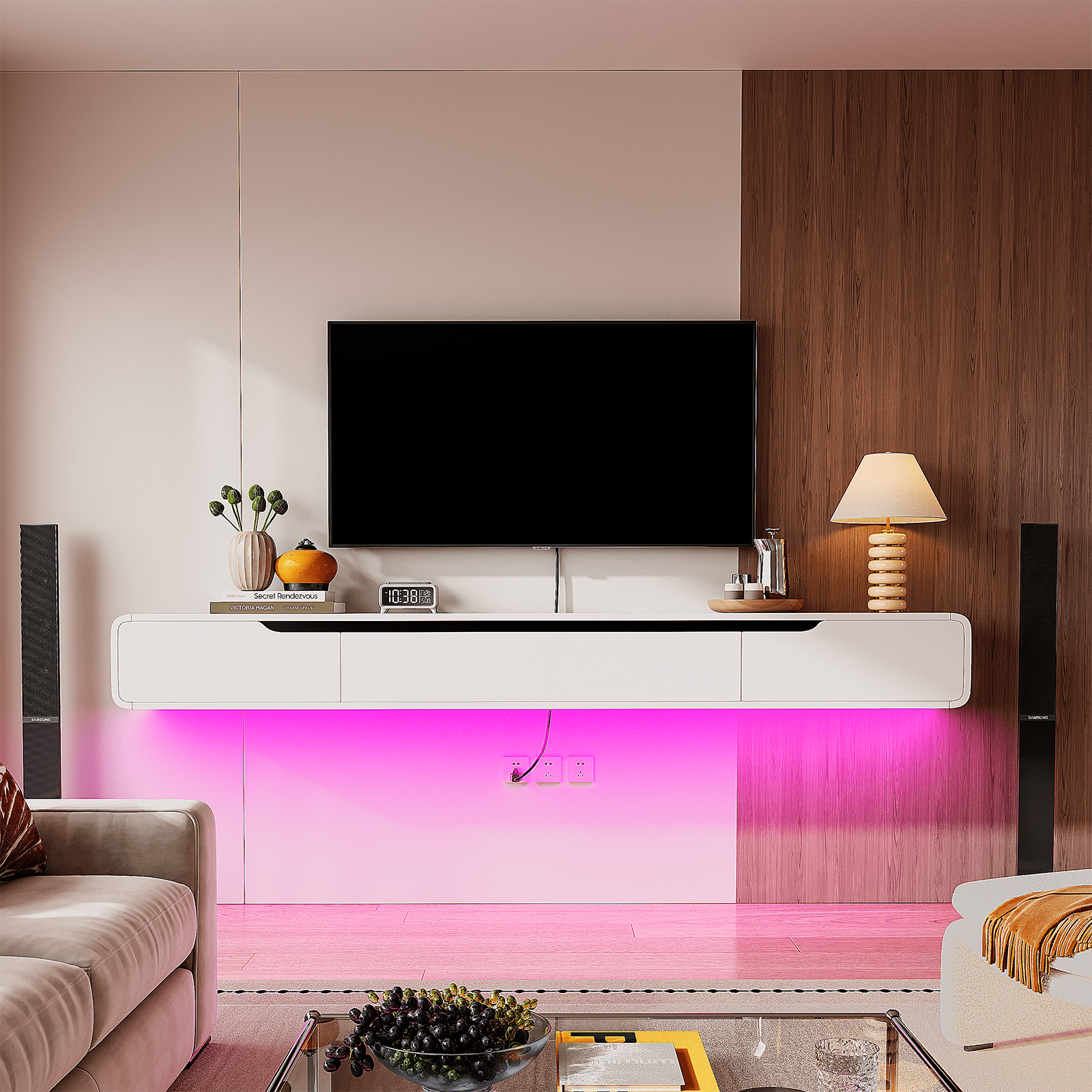FloatiCasa 55-inch Fully Assembled High Gloss Floating TV Stand Wall Mounted TV Shelf for TVs up to 60" Modern Entertainment Center for Living Room Bedroom White