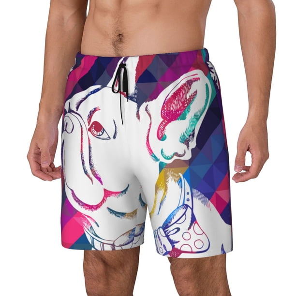 Fotbe Colorful Bulldog Traje de Baño para Hombre – Shorts de Natación de Secado Rápido con Forro y Bolsillos-Small