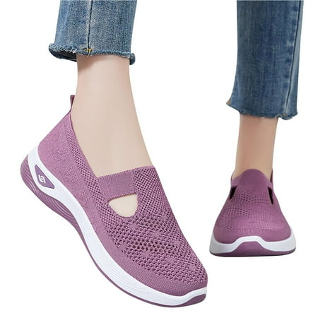 Womens Shoes Knit Dress Shoes Round Toe Slip On Walking Flats Shoes for Woman Low Wedge Comfort Soft Shoes Hot Pink 7