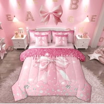 Feelyou Girly Pink Bow Twin Bedding Sets 7-Piece, Glitter Stars Bedding Comforter Set, Kawaii Cartoon Bowknot Sheet Sets, Lightweight Bedroom Decor