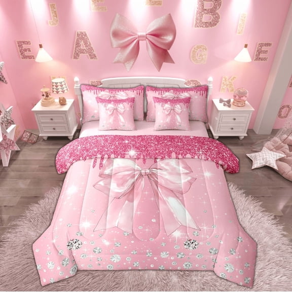 Feelyou Girly Pink Bow Twin Bedding Sets 7-Piece, Glitter Stars Bedding Comforter Set, Kawaii Cartoon Bowknot Sheet Sets, Lightweight Bedroom Decor