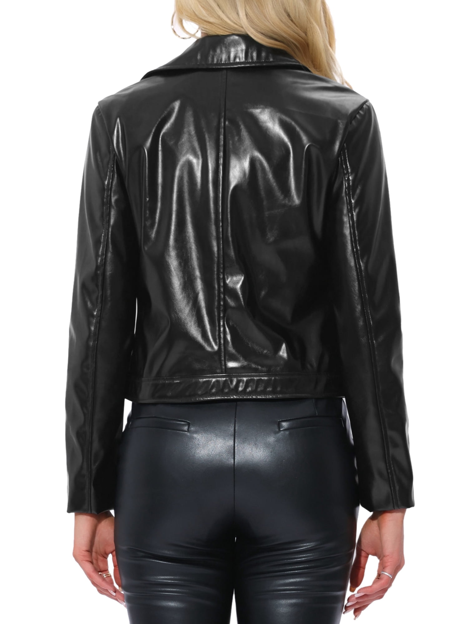 INSPIRE CHIC Women's Holographic Shiny Zipper Biker Metallic Jackets M Black