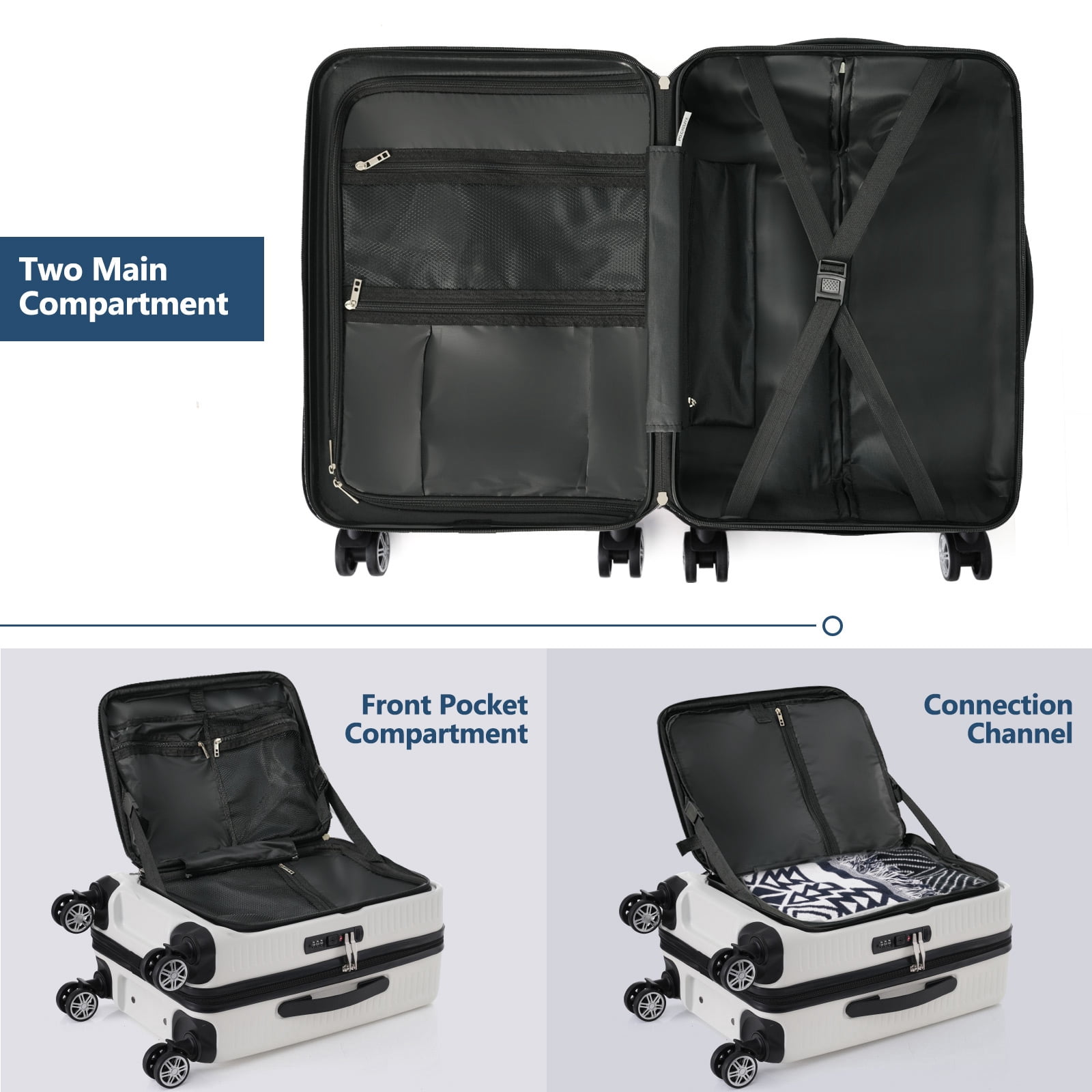 EUROCO 20" Carry On Luggage Airline Approved, Front Open Suitcase with 1 Portable Carrying Case and USB Port,White