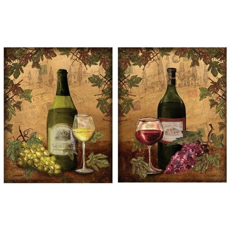 - 2 Vintage Tuscan White and Red Wine Bottle and Grape Set; Two 11x14 Poster Prints