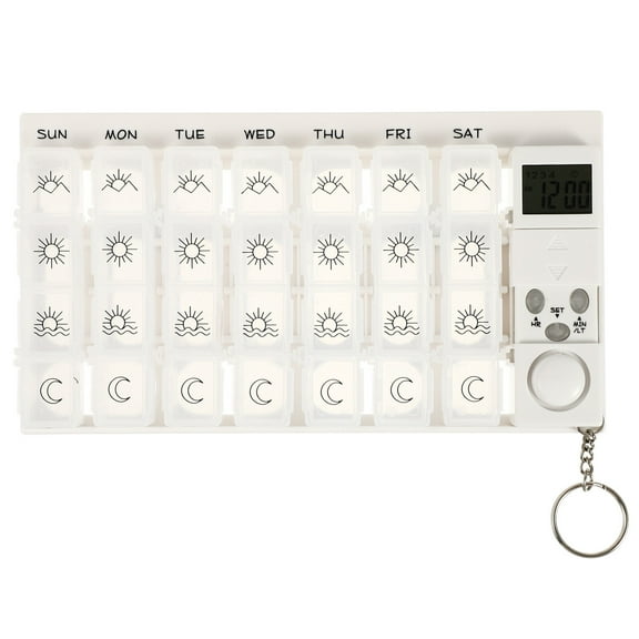 Weekly Digital Pill Organizer 7 Days 28 Compartments Medicine Box with 5 Groups Alarm Reminder and Luminous LCD Back light for Medications Supplements Vitamins - White