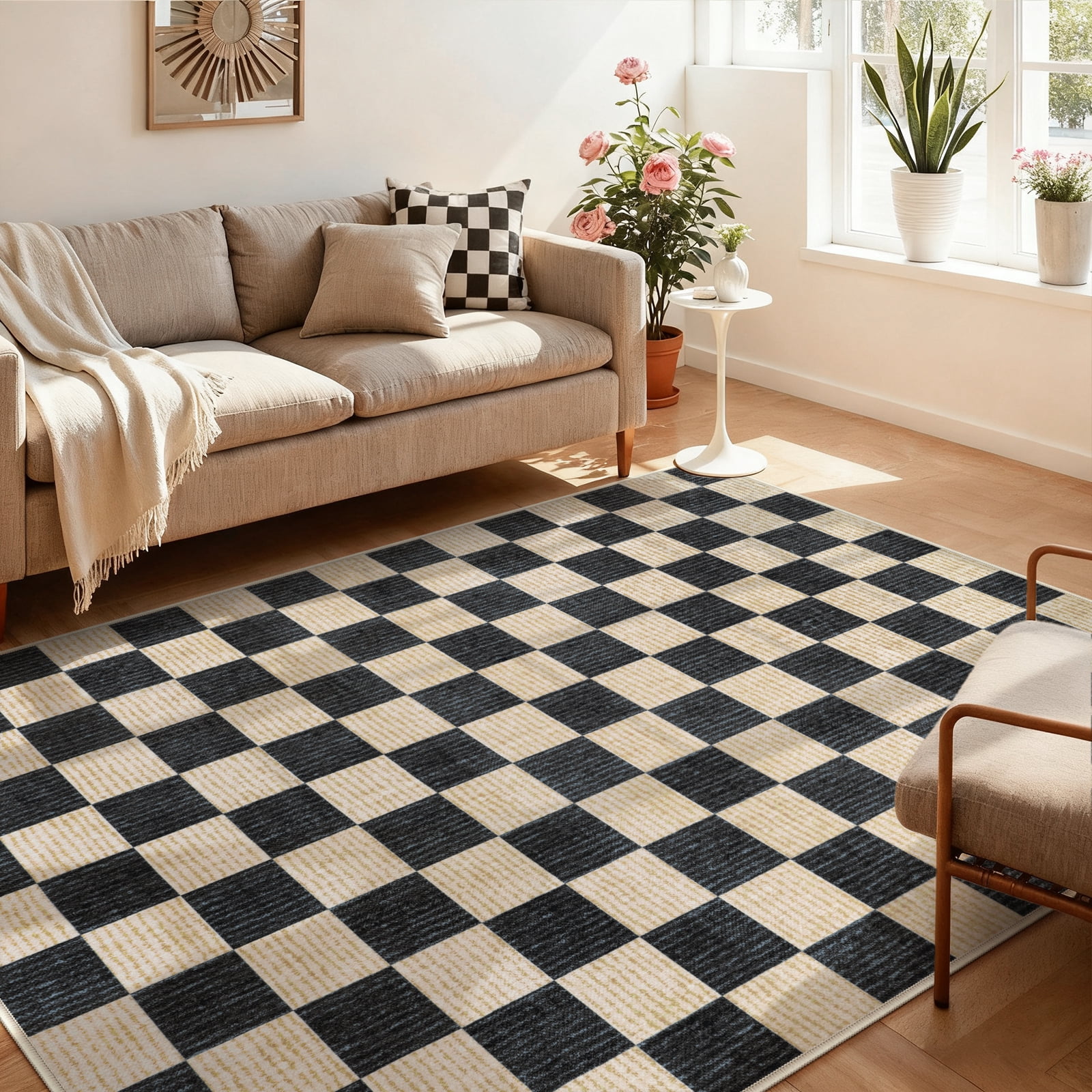 RUG ROBOT 5'x7' Area Rugs for Living Room, Washable Non-Slip Checkered Rugs for Bedroom, Dining Room, Soft Low-Pile Classic Farmhouse Geometric Indoor Large Accent Carpet, Black