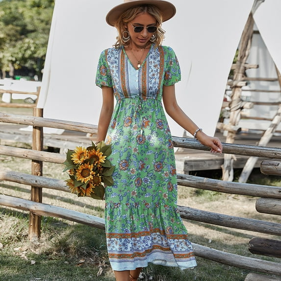 Summer Dresses for Women Maxi Dress V-Neck Floral Dress Casual Holiday Midi Dress