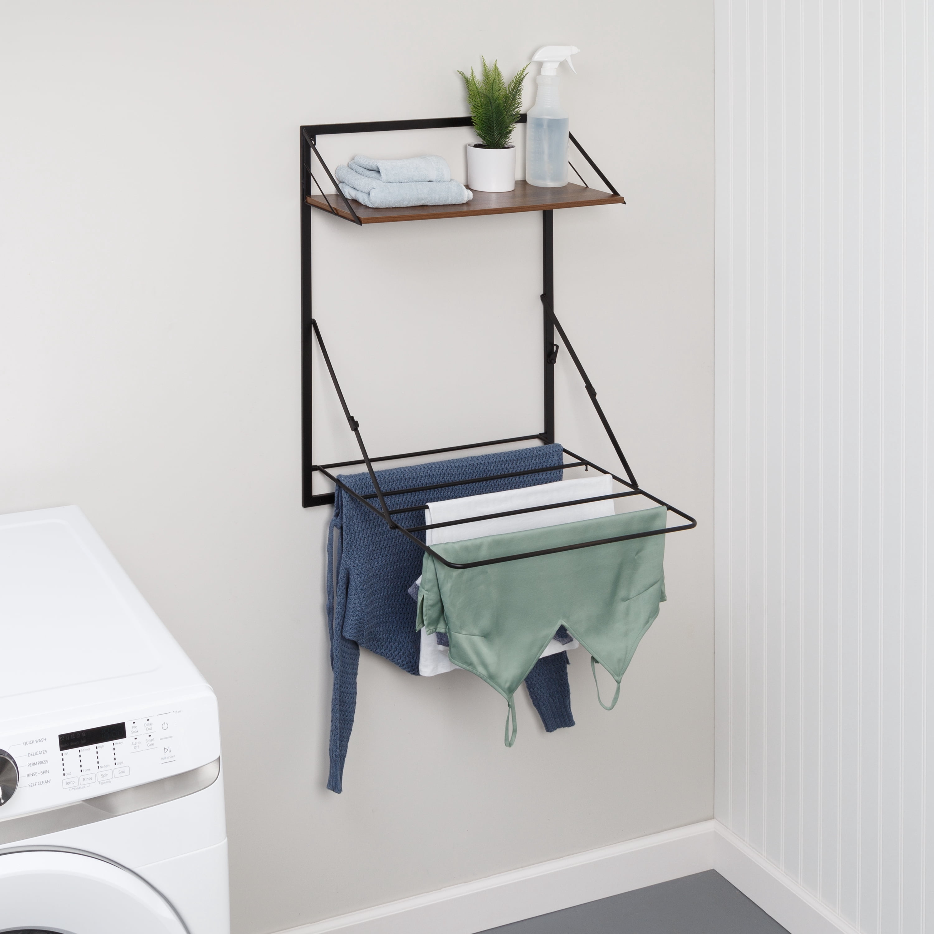 Honey-Can-Do Steel Over-the-Door or Wall Mount Folding Clothes Drying Rack with Shelf, Black/Walnut
