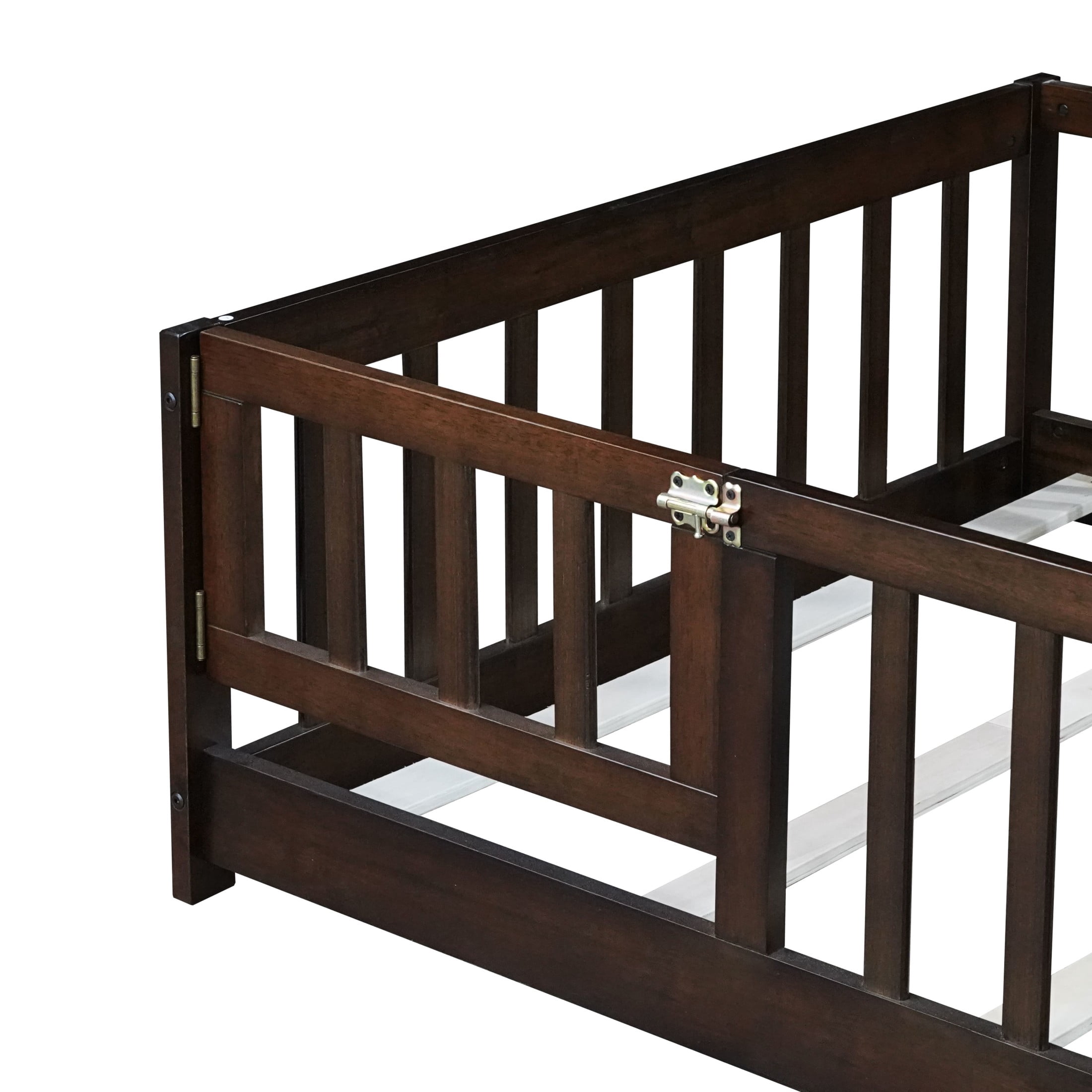 Noble House Mira Twin Floor Bed with Fence and Door, Sturdy Rubber Wood Montessori Bed Frame, Kid's Room, Espresso