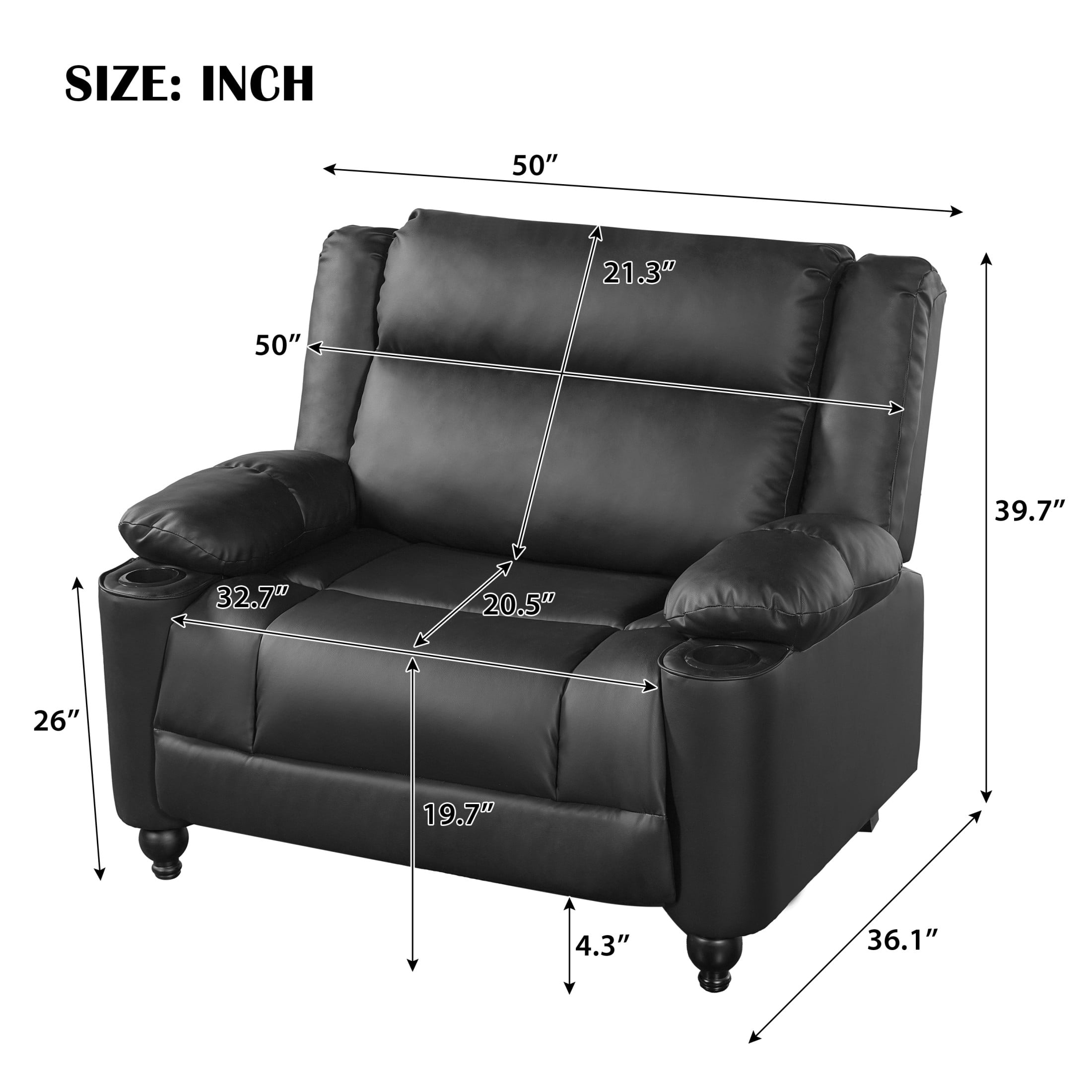 Christopher Knight Home 50" Manual Recliner Chair, Faux Leather Accent Chair with Cup Holders, Black