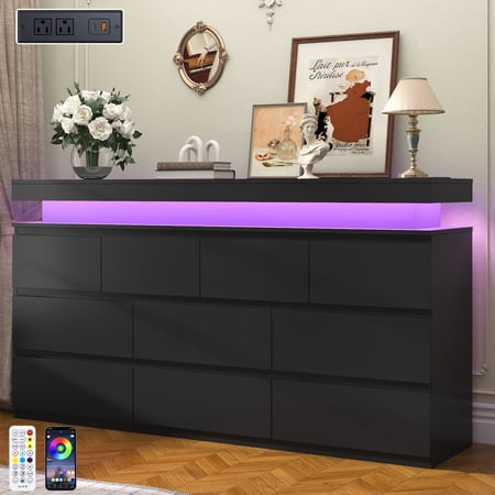 Blotout 10 Drawer Dresser with LED Lights & Power Outlet, 63" Wide Modern Wood Chest of Drawers Handle Free, 34.1" Tall LED Black Drawer Organizer Cabinet for Bedroom, Living Room, Entryway, Hallway