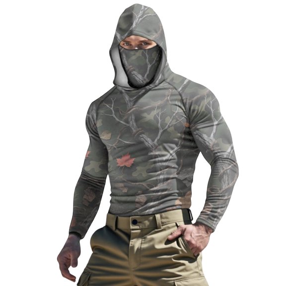 Dagegui Mens Camouflage UPF Shirt Lightweight Sun Protection Fishing Hoodies with Face Mask Breathable Quick Dry T-Shirt for Outdoor Work 001 Camouflage S