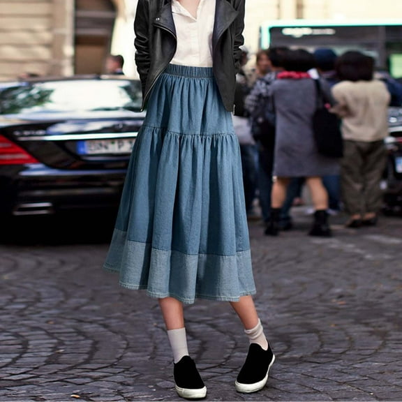 Women's Ruffle Jean Skirt Elastic Waist Patchwork Versatile Tiered Denim Skirt Below Knee Denim Dress (Navy M)