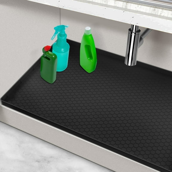 Waterproof Silicone Under Sink Mat with Lip for Kitchen and Bathroom, Under Kitchen Sink Mats and Protectors for 34" x 22" Cabinets, Under Sink Tray Organizer, Shelf Liners Cabinet Liner, Black