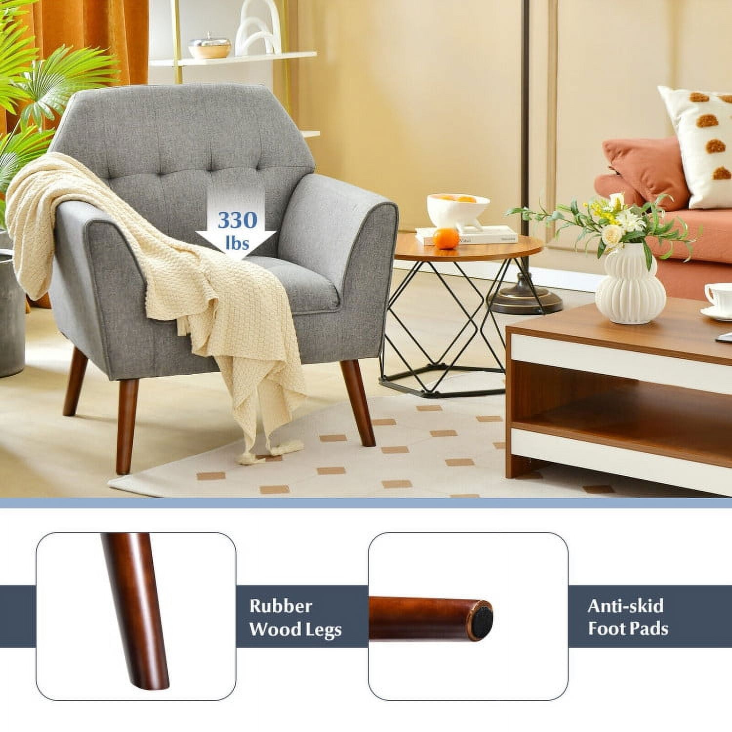 Finihen Upholstered Accent Armchair, Modern Tufted Fabric Accent Chair with Rubber Wood Legs, for Living Room, Bedroom, Gray