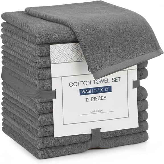 Linteum Textile 100% Cotton Premium Washcloths, 12x12 Inches [Pack of 12] Light Grey