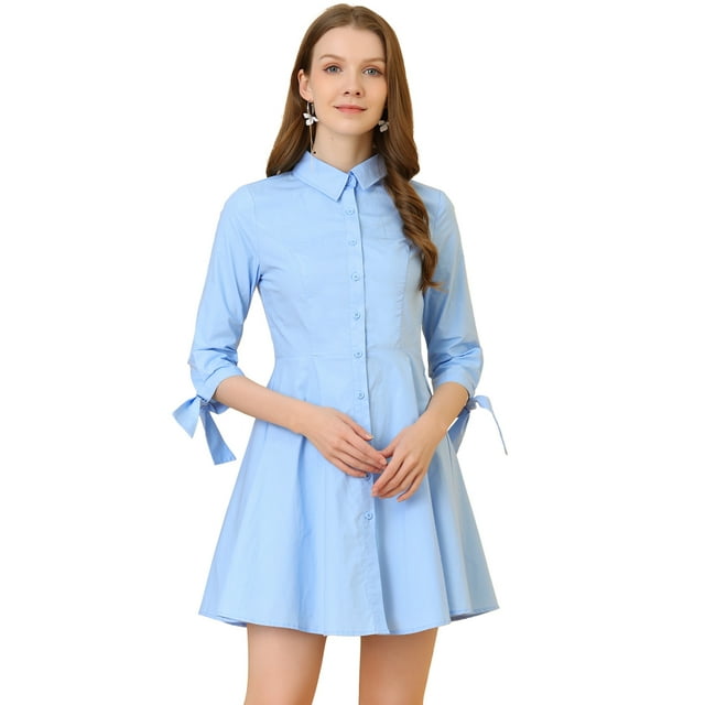 Unique Bargains Robes à Manches 3/4 en Coton avec Bouton pour Femme