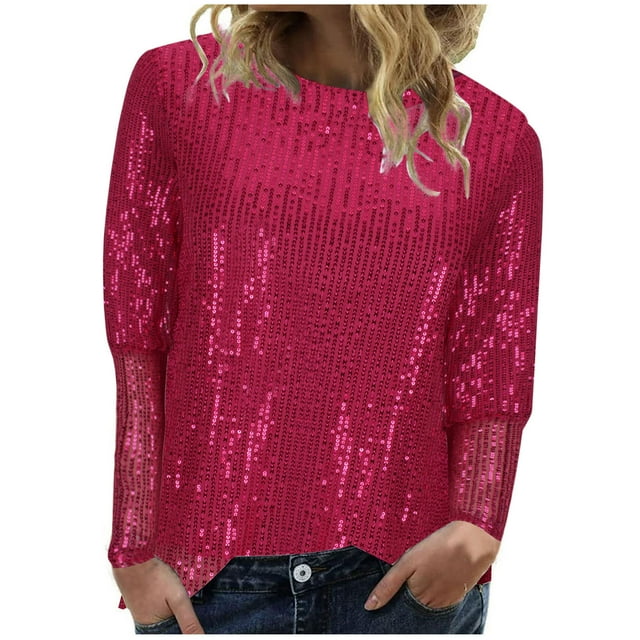 SROBPTY Longues Chemises à Manches pour Femmes, Mode Blouse Décontractée Unie à Sequins Rose Vif, P