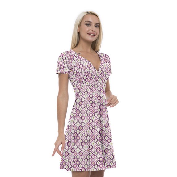 Women’s A Line Magenta Summer Dress, Retro Triangle Arrangement, Cross Wrap V Neck, 6 Sizes, by Ambesonne