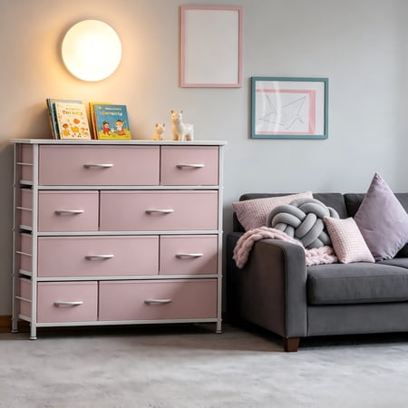 Dresser with 8 Drawers - Furniture Storage Chest for Bedroom Clothes Toys - Steel Frame Wood Top Fabric Bins (Pink)