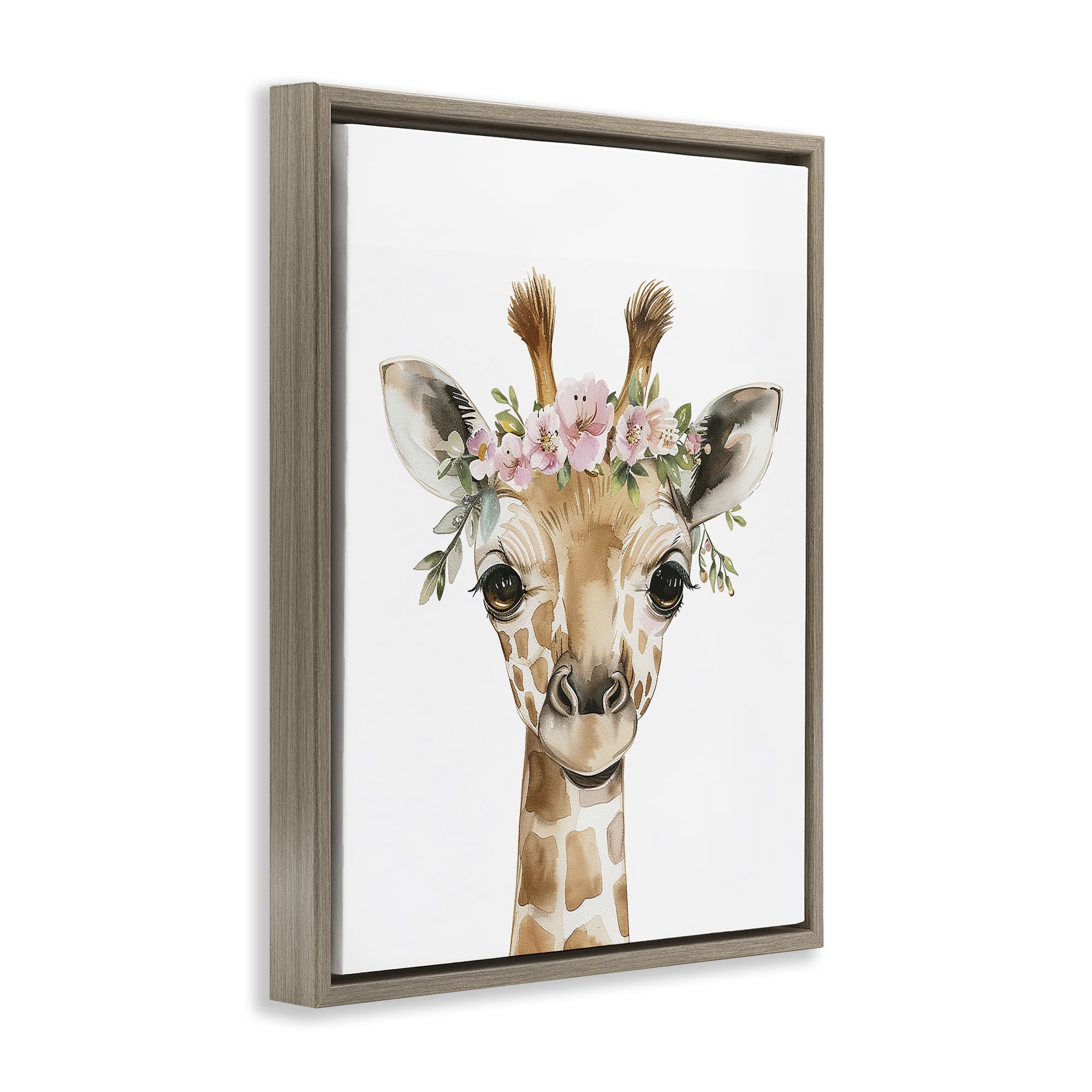 Stupell Industries Nursery Floral Giraffe Animals Painting Brown Floater Framed Canvas Art Print Wall Art, 17 x 21