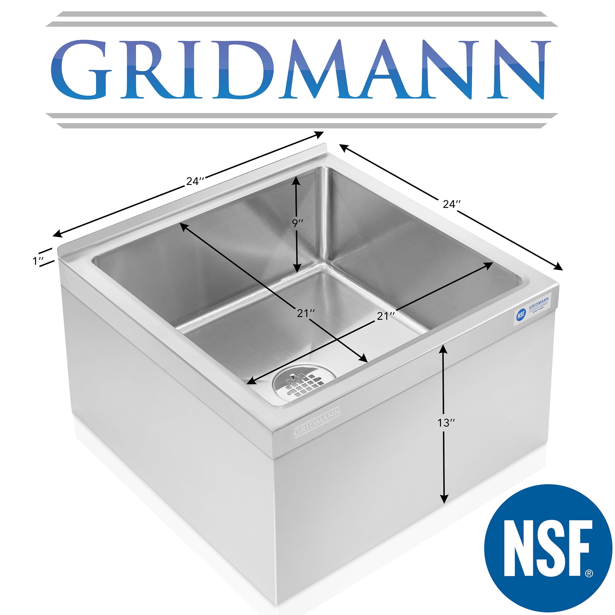 GRIDMANN 24" x 24" x 13" NSF Commercial Stainless Steel Floor Mop Sink with Backsplash