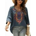 thumbnail image 3 of Higustar Womens Tops Summer Embroidered Blouses Dressy Casual Ladies Plus Size V Neck 3/4 Sleeve Peasant Mexican Tops - Cotton Rayon-328/H-Gray-M, 3 of 10